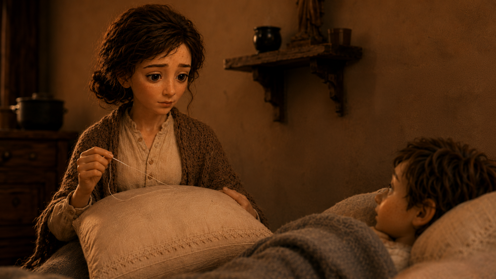 La madre cose junto al niño